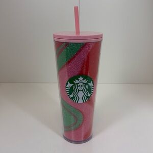 EUC 2020 Starbucks Pink & Green Swirled Glitter 24 ounce Tumbler